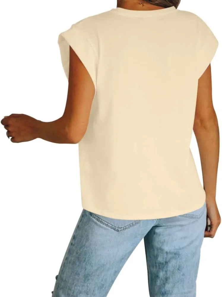 Women's Cap Sleeve Tank Top Crew Neck T Shirts Loose Fit Basic Summer Casual Tee Tops
