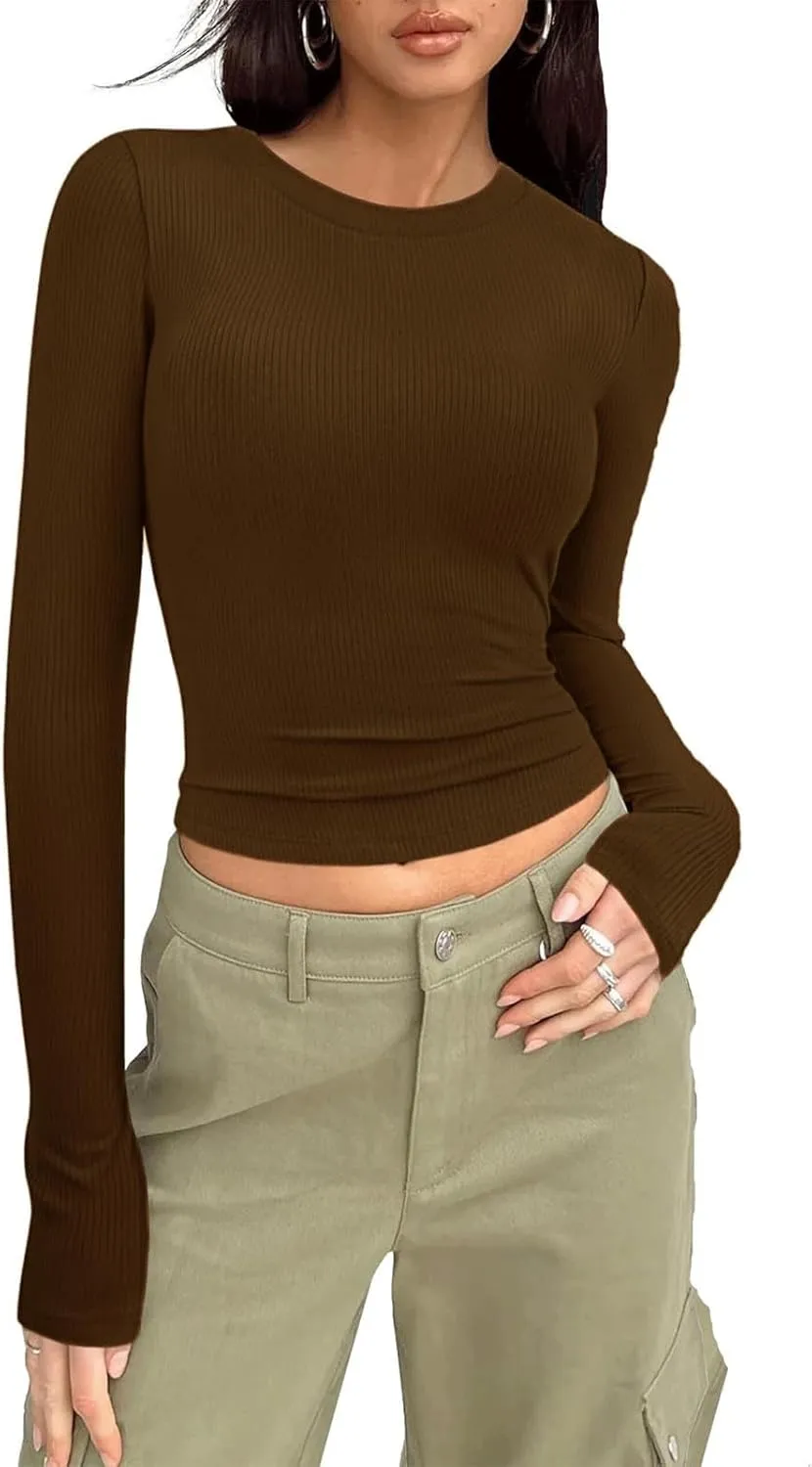 Women's Casual Basic Going Out Crop Tops Slim Fit Short Sleeve Crew Neck Tight T Shirts Stretchy Soft Fall Blouse