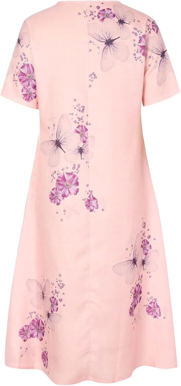 Women's Casual Beach Dresses Loose Butterfly Printing Sundress V-Neck Half Sleeve Button Down Long Dress with Pocket