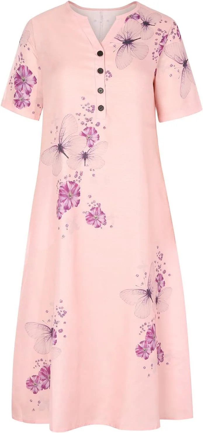 Women's Casual Beach Dresses Loose Butterfly Printing Sundress V-Neck Half Sleeve Button Down Long Dress with Pocket