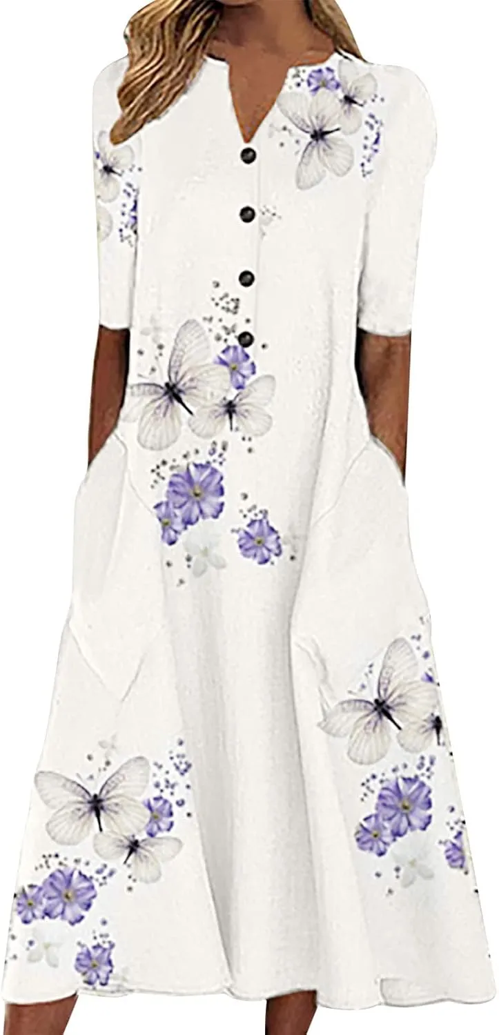 Women's Casual Beach Dresses Loose Butterfly Printing Sundress V-Neck Half Sleeve Button Down Long Dress with Pocket