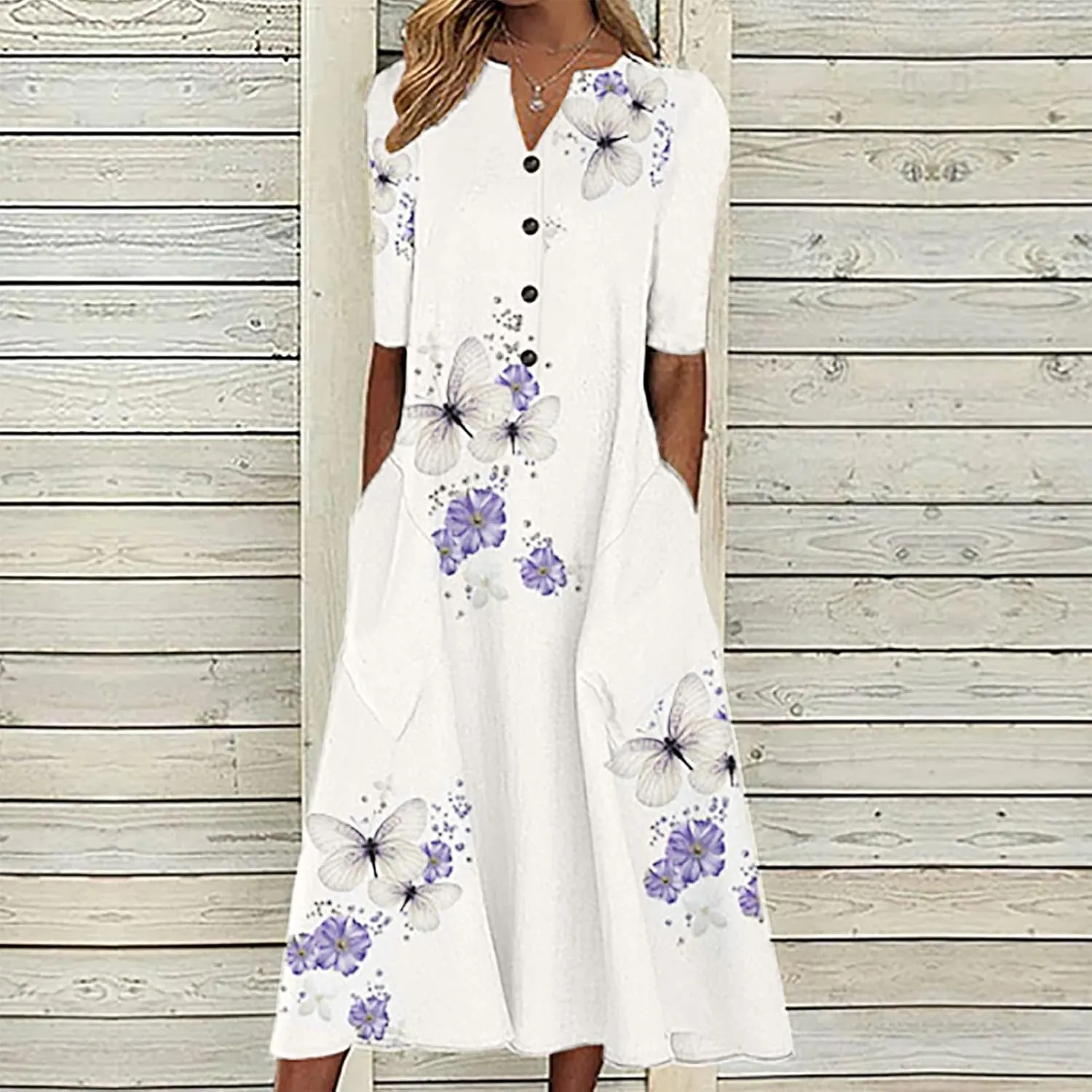 Women's Casual Beach Dresses Loose Butterfly Printing Sundress V-Neck Half Sleeve Button Down Long Dress with Pocket