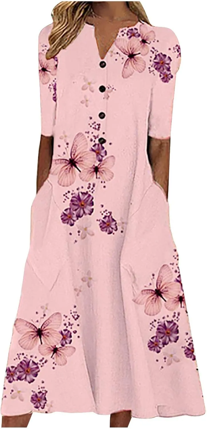 Women's Casual Beach Dresses Loose Butterfly Printing Sundress V-Neck Half Sleeve Button Down Long Dress with Pocket