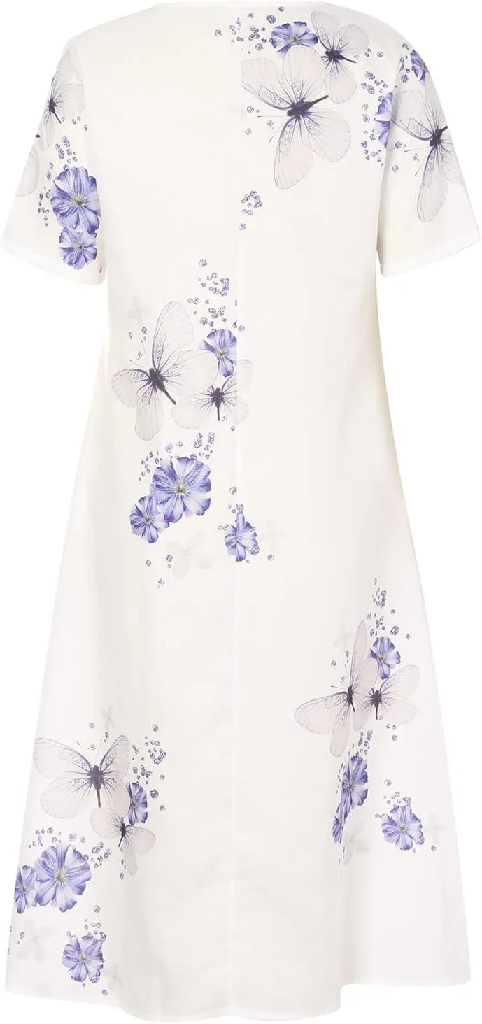 Women's Casual Beach Dresses Loose Butterfly Printing Sundress V-Neck Half Sleeve Button Down Long Dress with Pocket