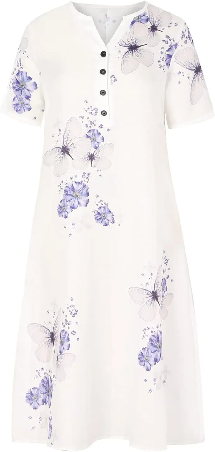 Women's Casual Beach Dresses Loose Butterfly Printing Sundress V-Neck Half Sleeve Button Down Long Dress with Pocket