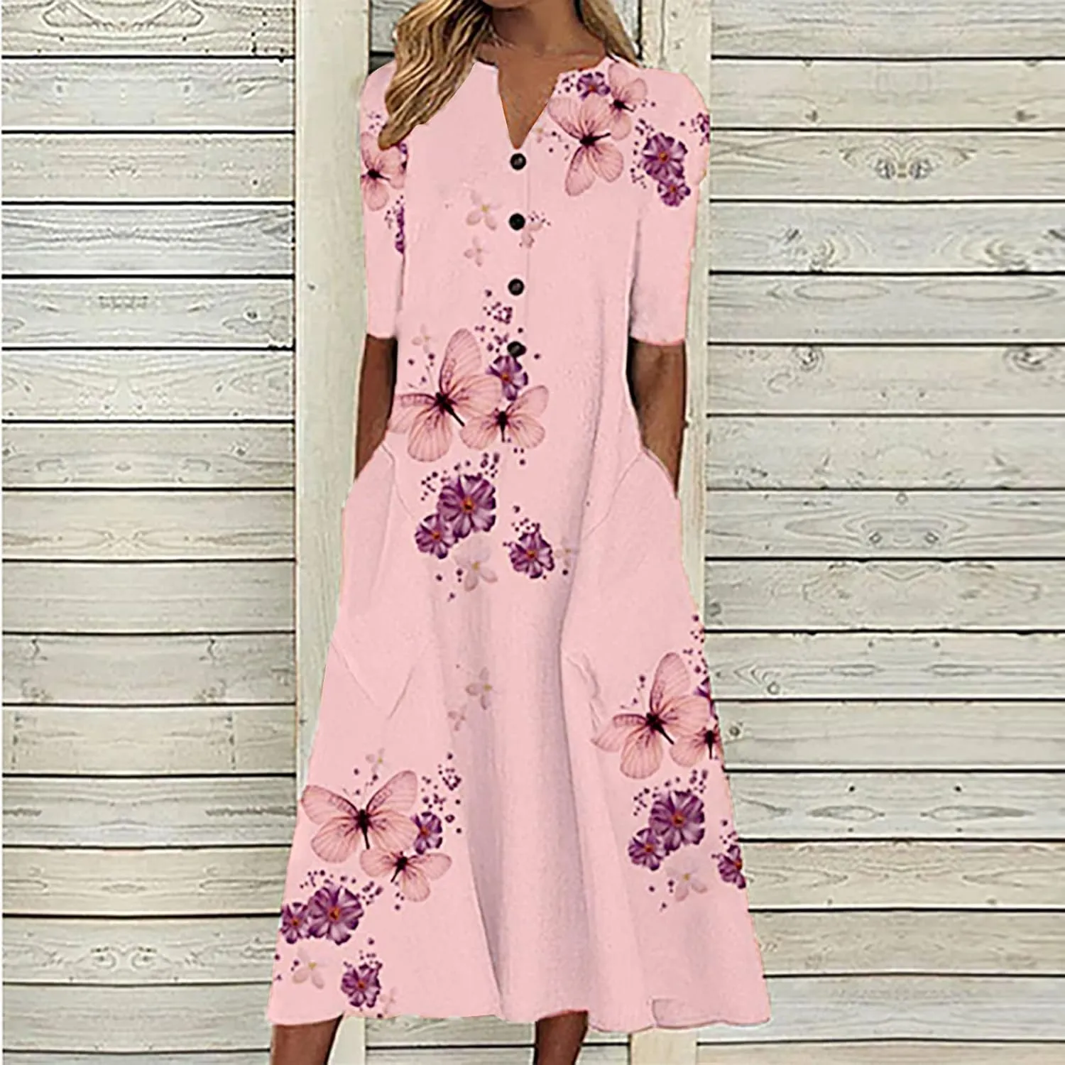 Women's Casual Beach Dresses Loose Butterfly Printing Sundress V-Neck Half Sleeve Button Down Long Dress with Pocket