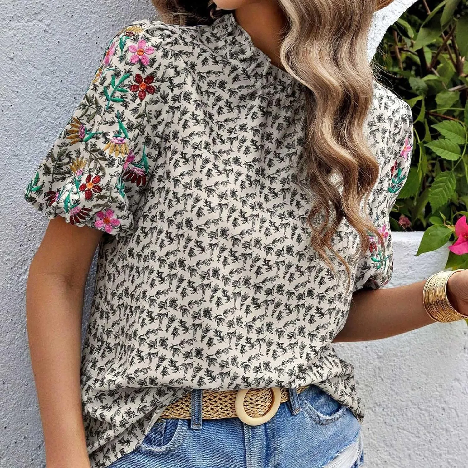 Women's Casual Boho Floral Printed Mock Neck Tops Short Sleeve T Shirt Blouses 2024 Fashion Summer Loose Tunic Top