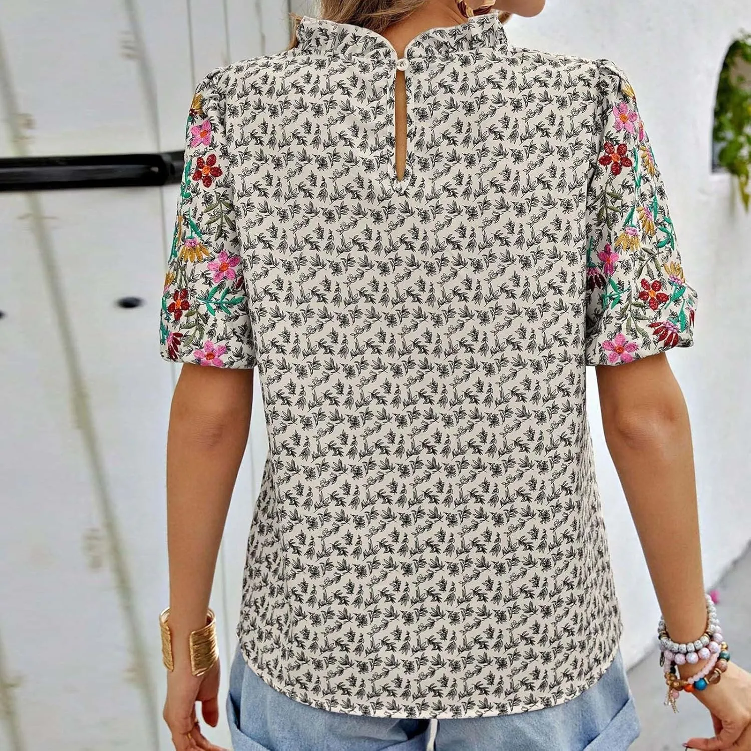 Women's Casual Boho Floral Printed Mock Neck Tops Short Sleeve T Shirt Blouses 2024 Fashion Summer Loose Tunic Top
