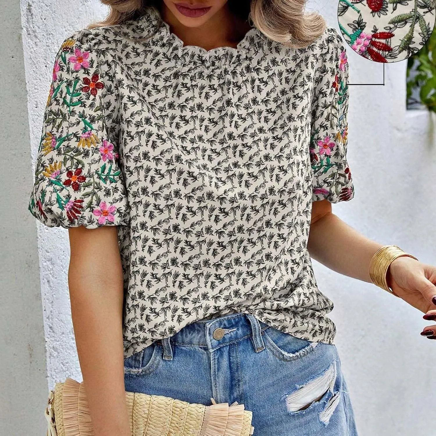 Women's Casual Boho Floral Printed Mock Neck Tops Short Sleeve T Shirt Blouses 2024 Fashion Summer Loose Tunic Top