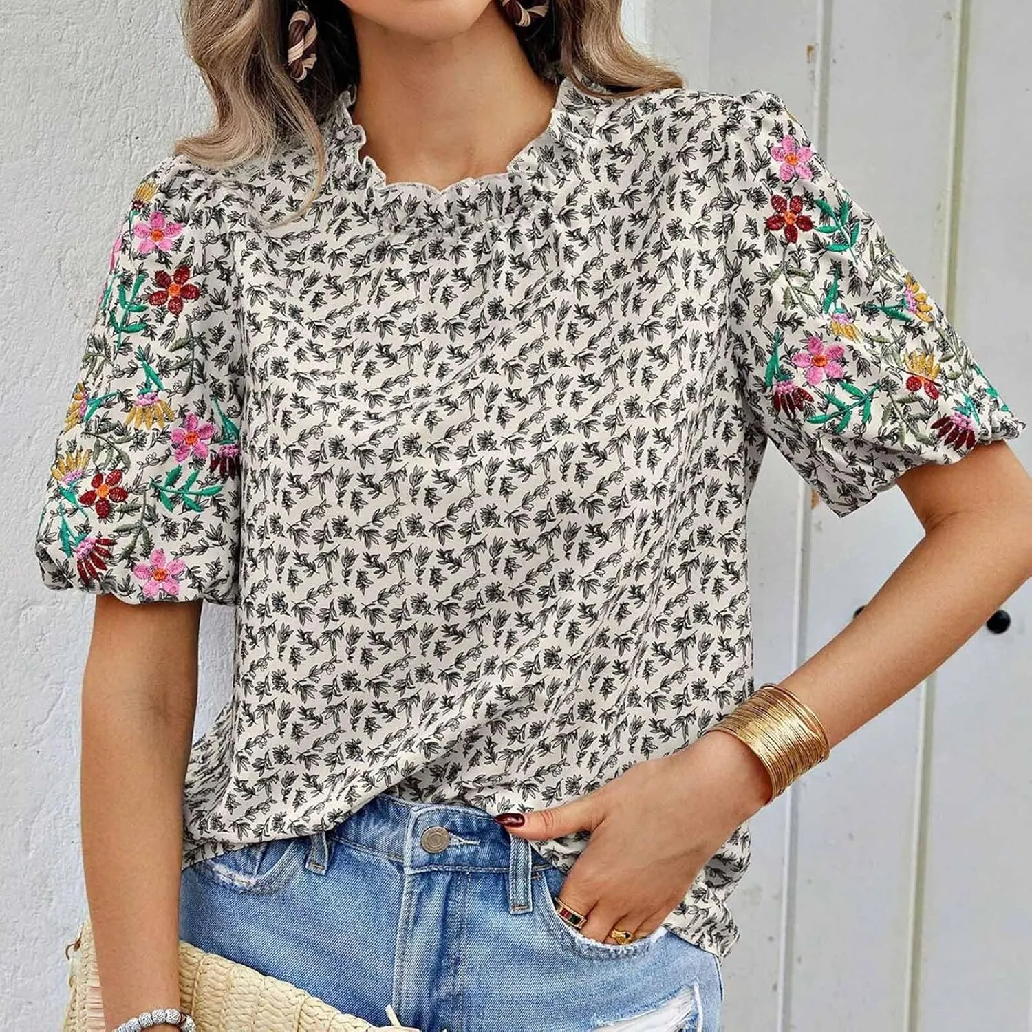 Women's Casual Boho Floral Printed Mock Neck Tops Short Sleeve T Shirt Blouses 2024 Fashion Summer Loose Tunic Top