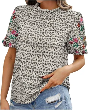 Women's Casual Boho Floral Printed Mock Neck Tops Short Sleeve T Shirt Blouses 2024 Fashion Summer Loose Tunic Top