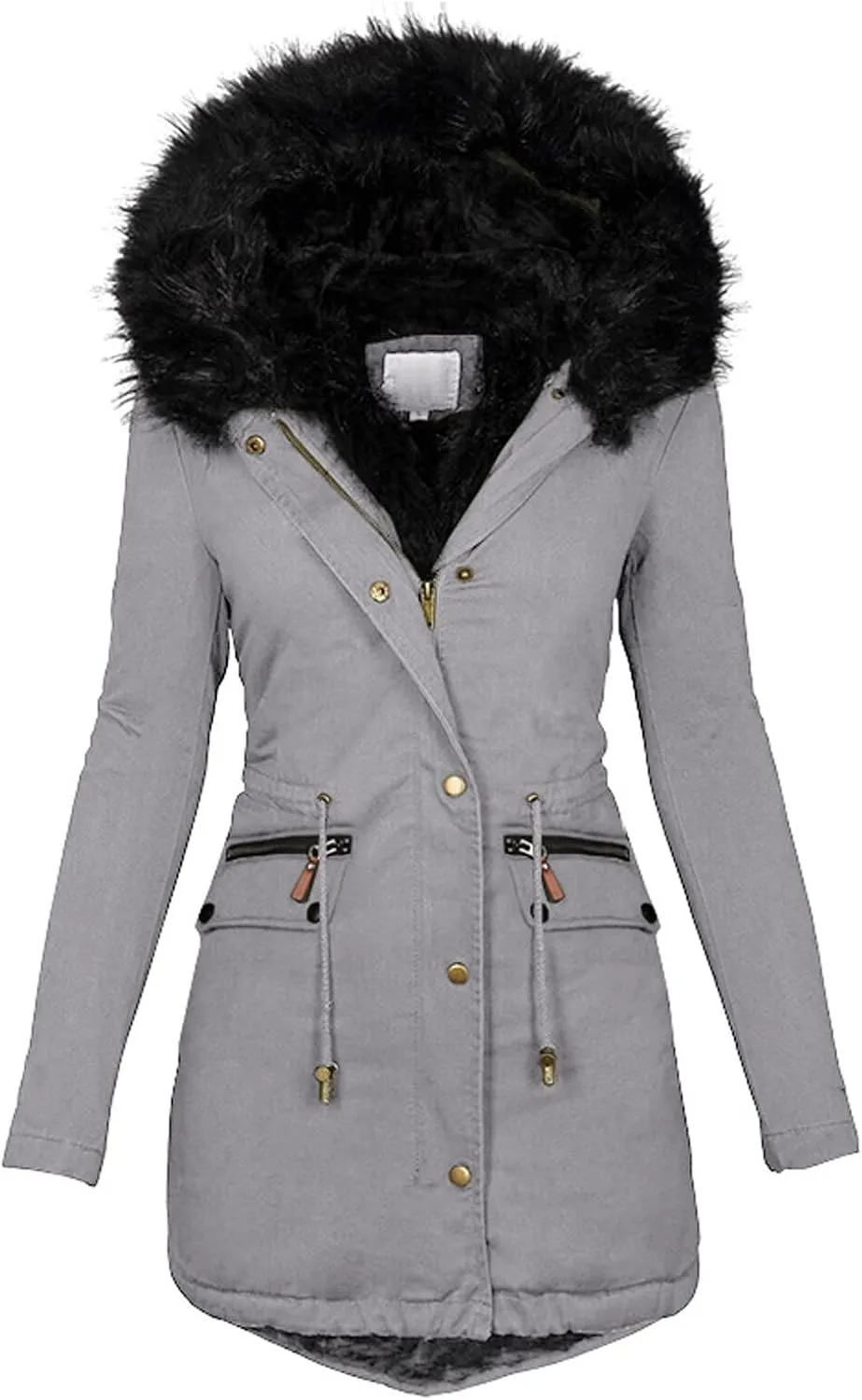 Womens Casual Faux Fur Lapel Zip Quilted Parka Jacket Puffer Coat Fall Winter Coat Thicken Military Parka Jacket