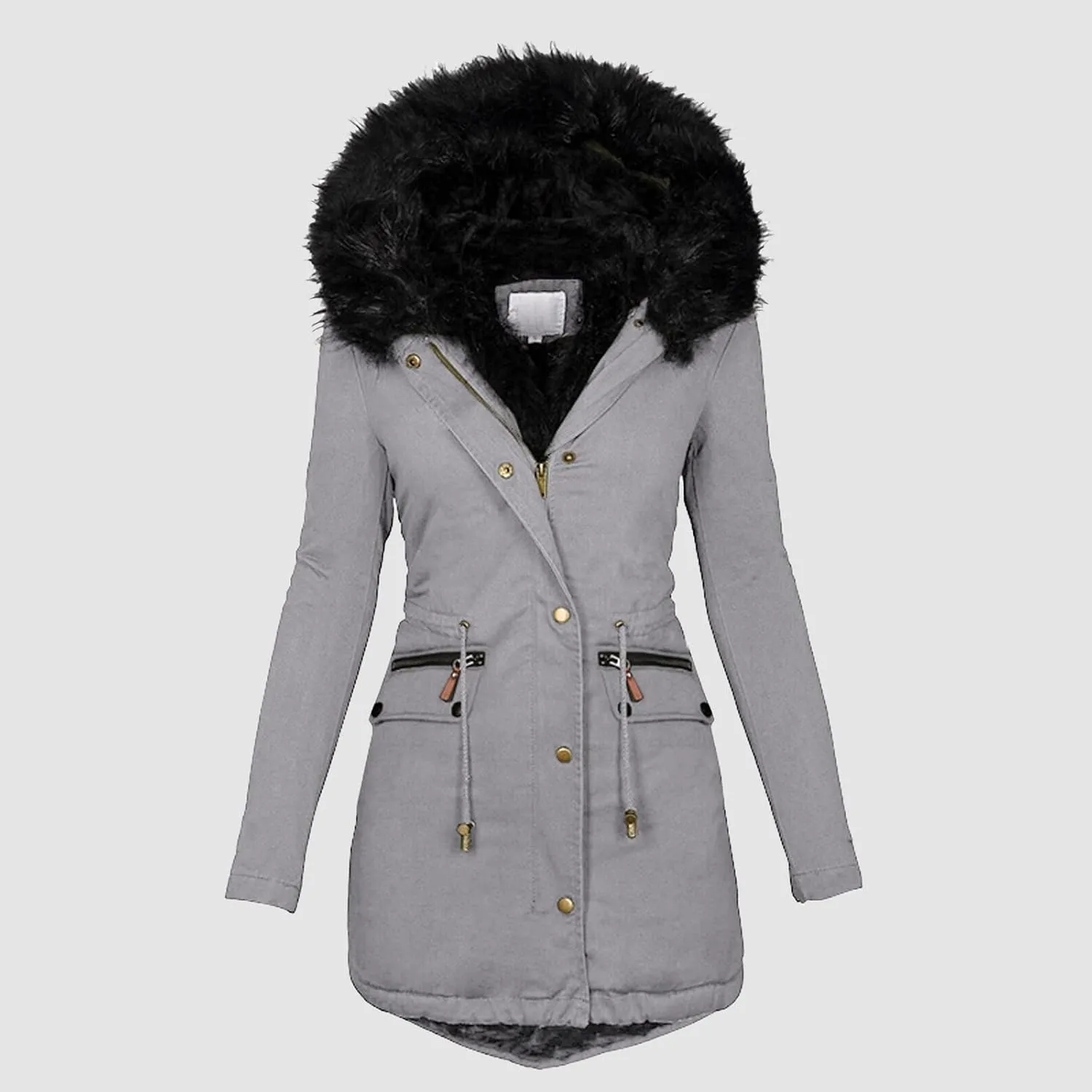 Womens Casual Faux Fur Lapel Zip Quilted Parka Jacket Puffer Coat Fall Winter Coat Thicken Military Parka Jacket