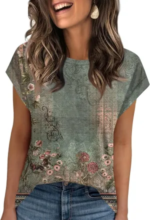Women's Casual Floral Print Short Sleeve T-Shirt Lightweight Summer Blouse Loose Fit Red Perfect for Daily Wear