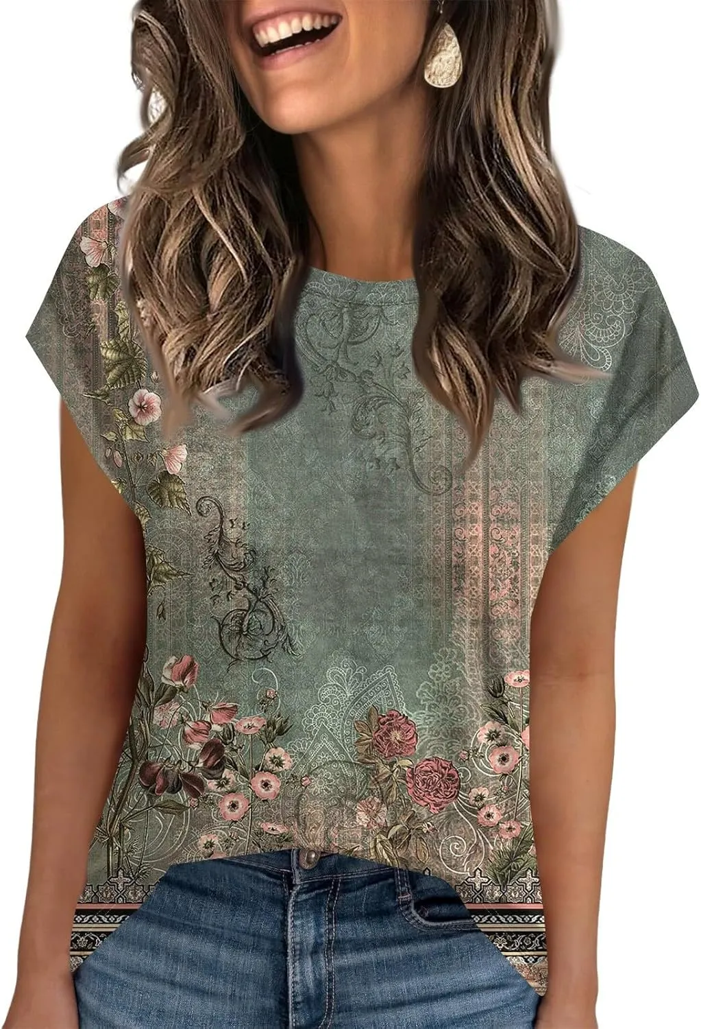 Women's Casual Floral Print Short Sleeve T-Shirt Lightweight Summer Blouse Loose Fit Red Perfect for Daily Wear