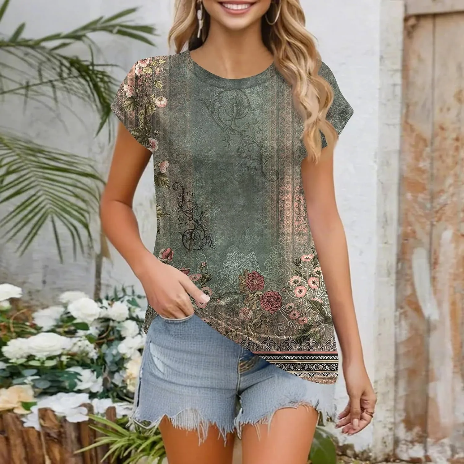 Women's Casual Floral Print Short Sleeve T-Shirt Lightweight Summer Blouse Loose Fit Red Perfect for Daily Wear