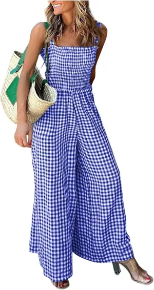 Women's Casual Loose Straps Overalls Jumpsuits One Piece Sleeveless Plaid Printed Wide Leg Long Pant Rompers