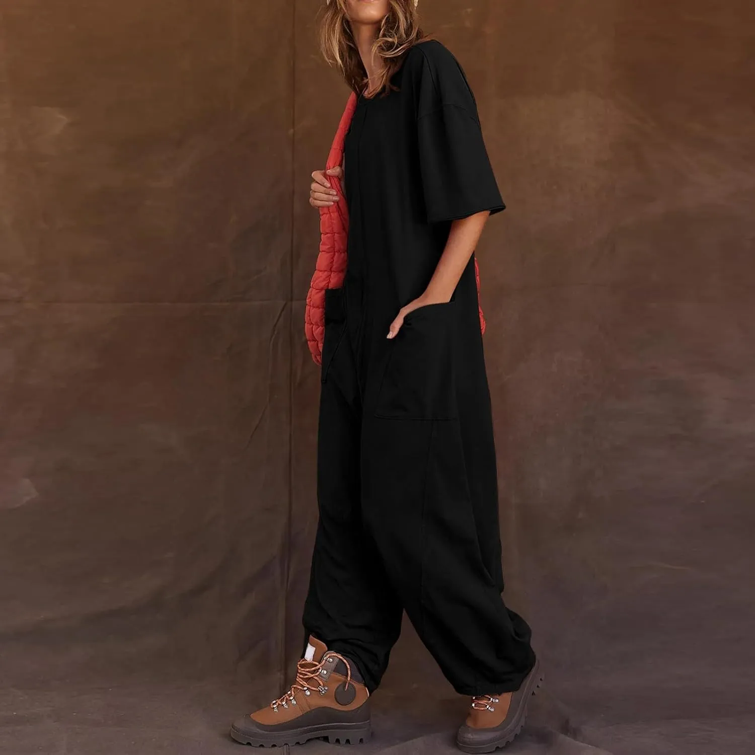 Women's Causal Overalls One-Piece Solid Overall Romper Stretchy V Neck Backless Harem Pants Jumpsuits with Pockets