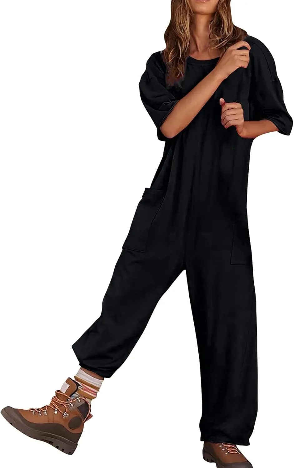 Women's Causal Overalls One-Piece Solid Overall Romper Stretchy V Neck Backless Harem Pants Jumpsuits with Pockets