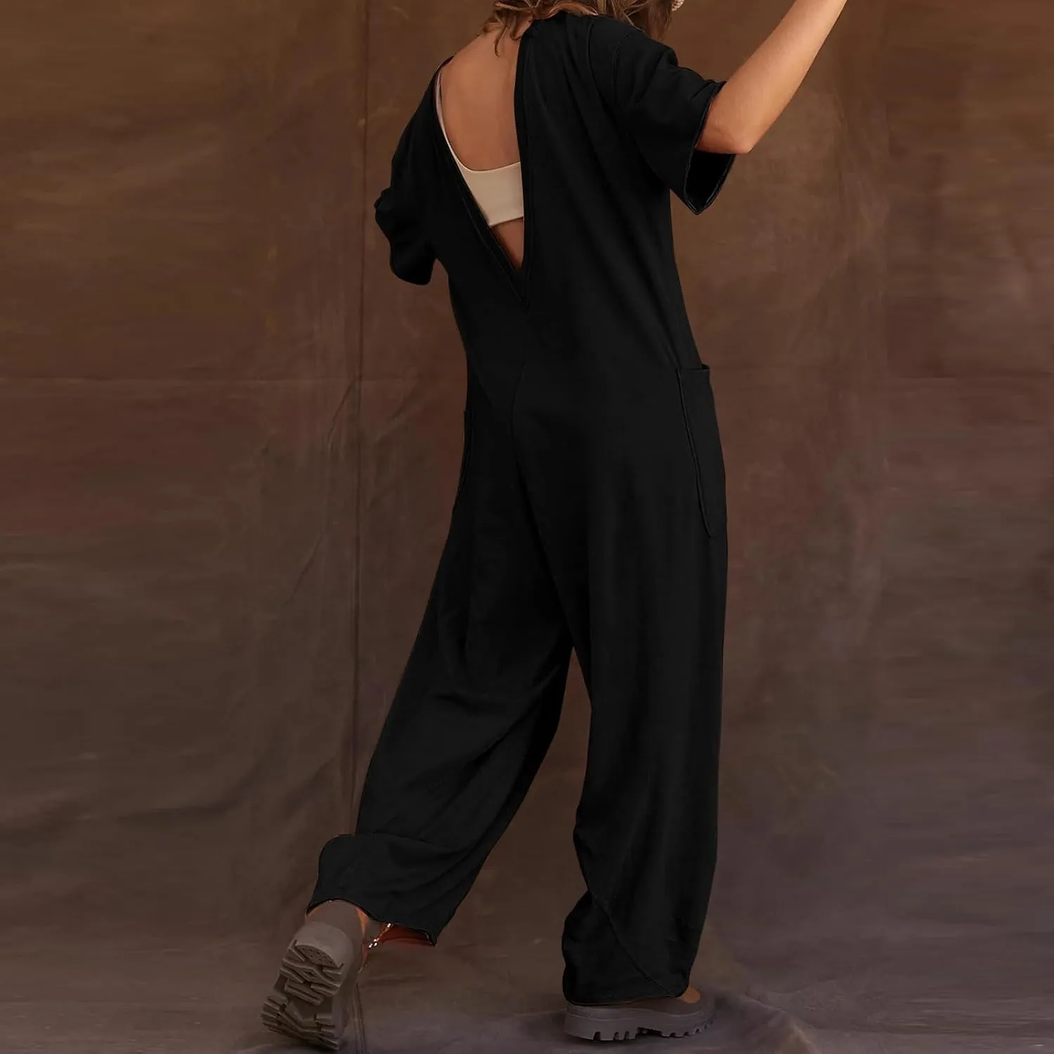 Women's Causal Overalls One-Piece Solid Overall Romper Stretchy V Neck Backless Harem Pants Jumpsuits with Pockets