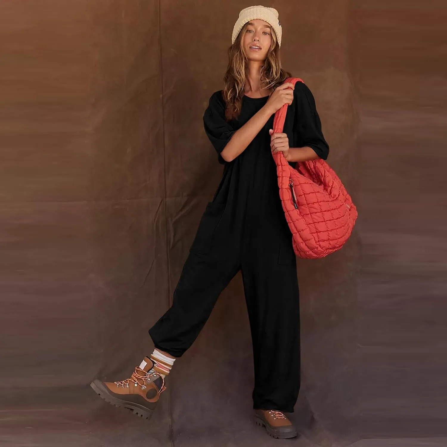 Women's Causal Overalls One-Piece Solid Overall Romper Stretchy V Neck Backless Harem Pants Jumpsuits with Pockets