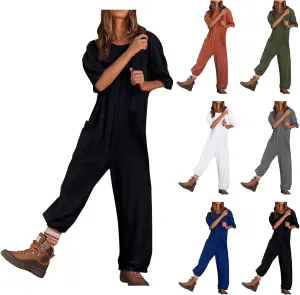 Women's Causal Overalls One-Piece Solid Overall Romper Stretchy V Neck Backless Harem Pants Jumpsuits with Pockets