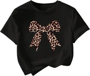 Women's Cherry Bow Graphic Tees Short Sleeve Crew Neck Summer T Shirt Tops for Women Trendy