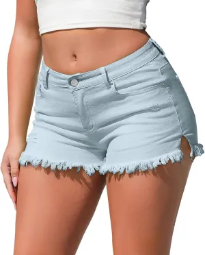 Womens Classic Mid-High Waisted Denims Shorts Mini Ripped Straight Leg Jeans Shorts Stretchy Summer Hot Short Pants
