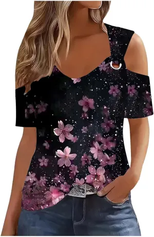 Womens Cold Shoulder Eyelet Tops V Neck Short Sleeve Floral Shirts Boho Summer Tshirt Casual Dressy Trendy Blouses