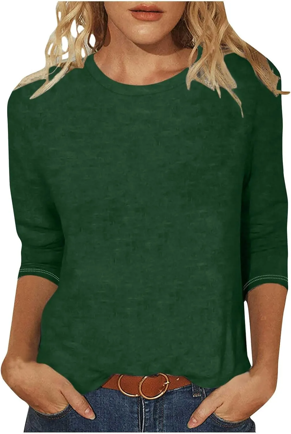 Womens Crew Neck 3/4 Sleeve T Shirts Loose Tunic Tops Casual Solid Basic Tees Three Quarter Length Sleeves Blouses