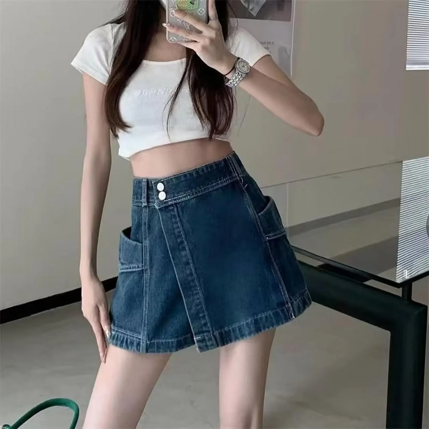 Women's Denim Shorts High Waisted Irregular Design A Line Skorts Shorts Wide Leg Slim Fit Baggy Jeans Shorts with Pockets