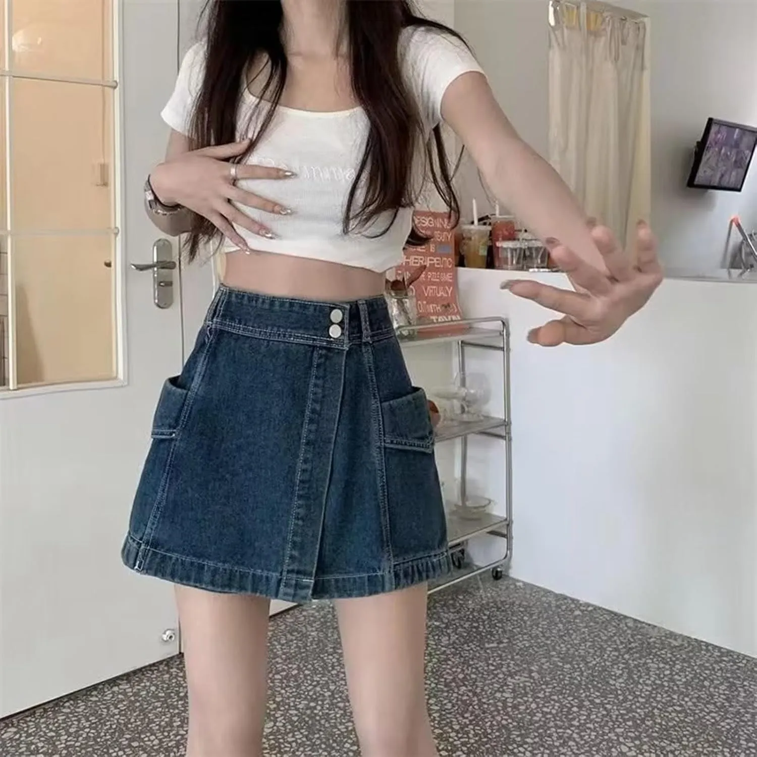 Women's Denim Shorts High Waisted Irregular Design A Line Skorts Shorts Wide Leg Slim Fit Baggy Jeans Shorts with Pockets