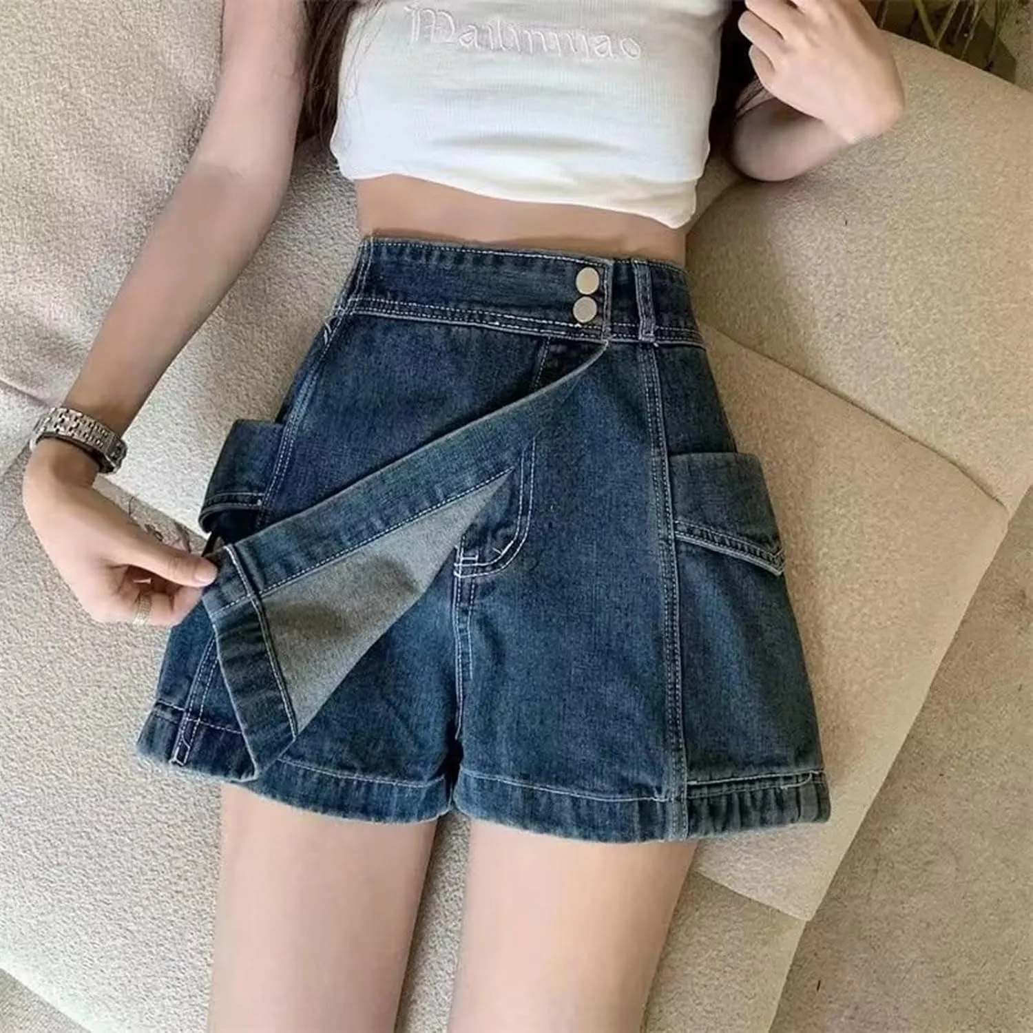 Women's Denim Shorts High Waisted Irregular Design A Line Skorts Shorts Wide Leg Slim Fit Baggy Jeans Shorts with Pockets