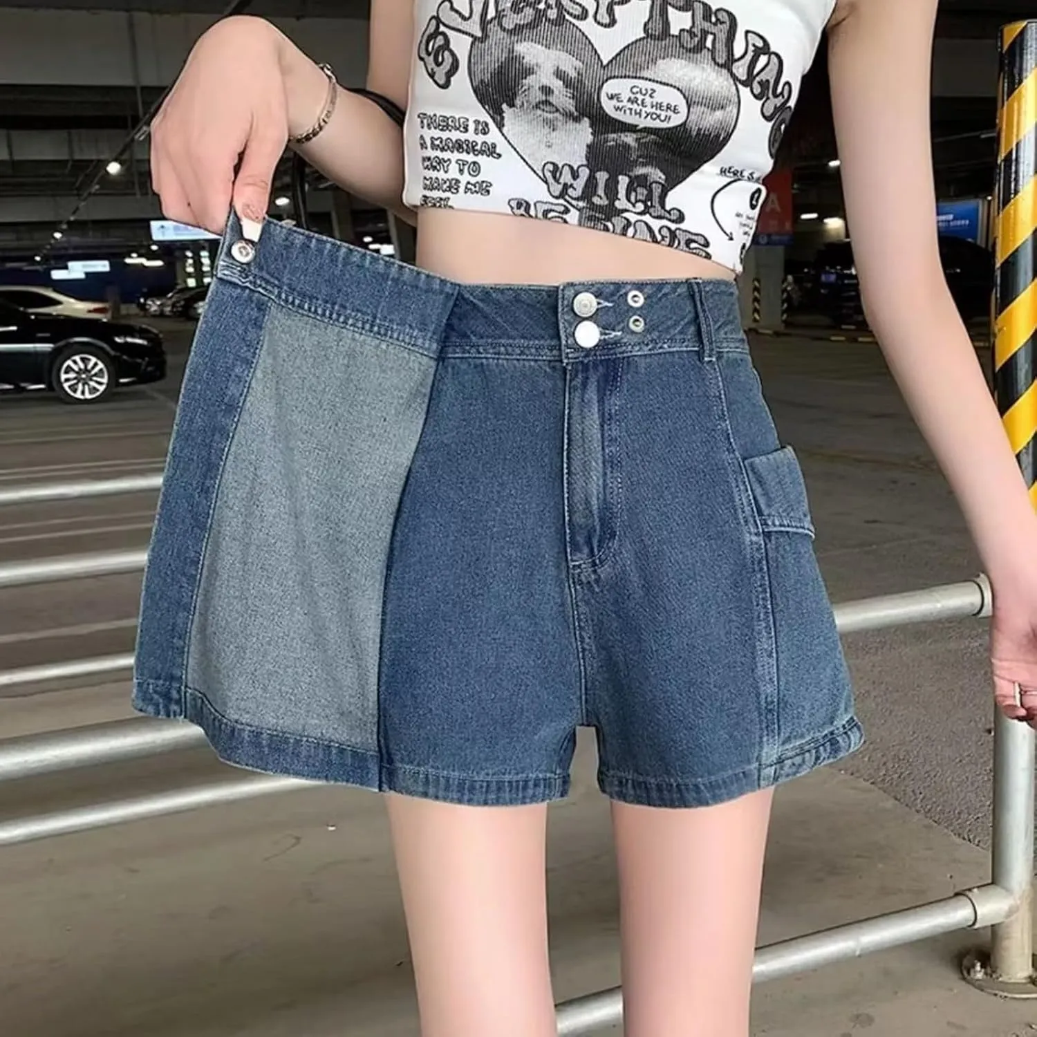 Women's Denim Shorts High Waisted Irregular Design A Line Skorts Shorts Wide Leg Slim Fit Baggy Jeans Shorts with Pockets