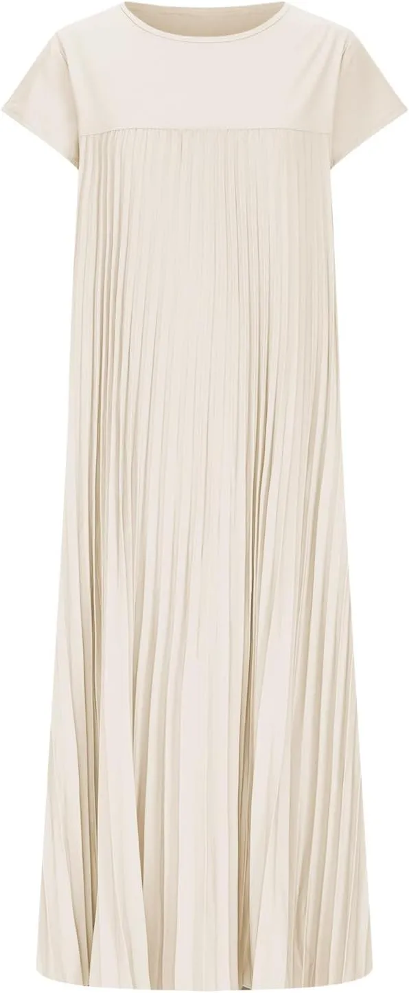 Womens Dresses Casual A-Line Swing Pleated Beach Dress 2025 Summer Short Sleeve Crew Neck Mini Dress for Ladies
