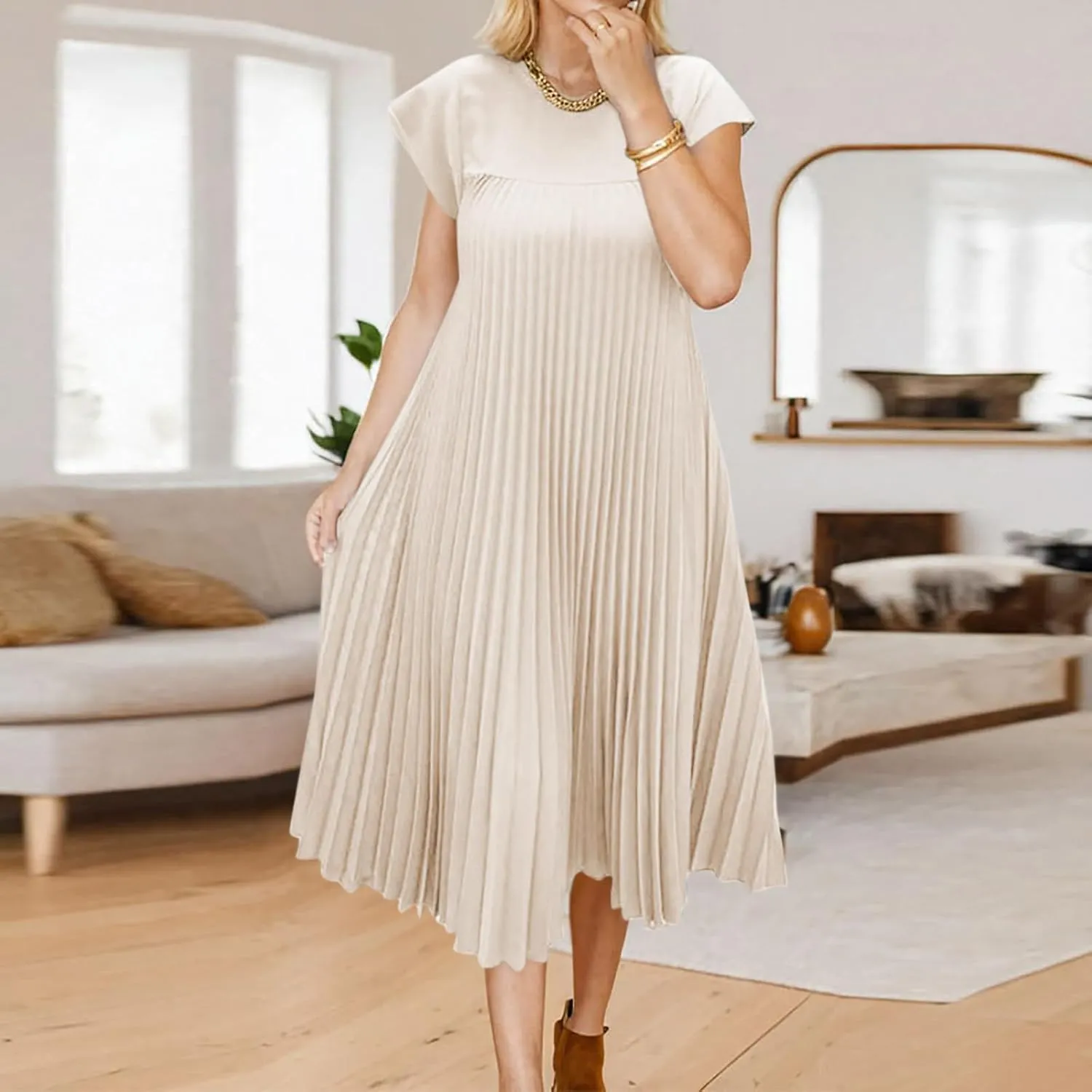 Womens Dresses Casual A-Line Swing Pleated Beach Dress 2025 Summer Short Sleeve Crew Neck Mini Dress for Ladies