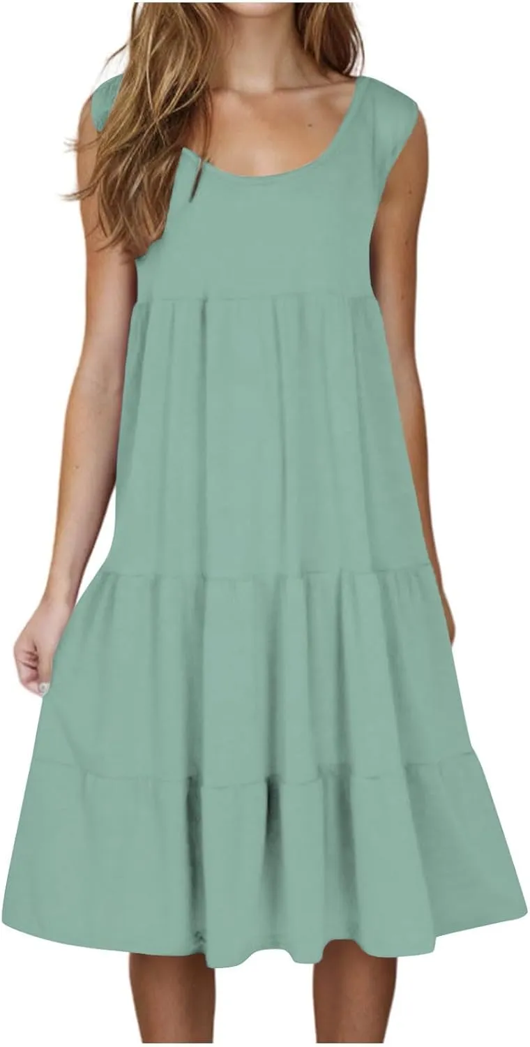 Women's Dresses Plus Size Sleeveless Crew Neck Peplum Mini Sundresses 2025 Summer Beach Coverup Dress for Teen Girls