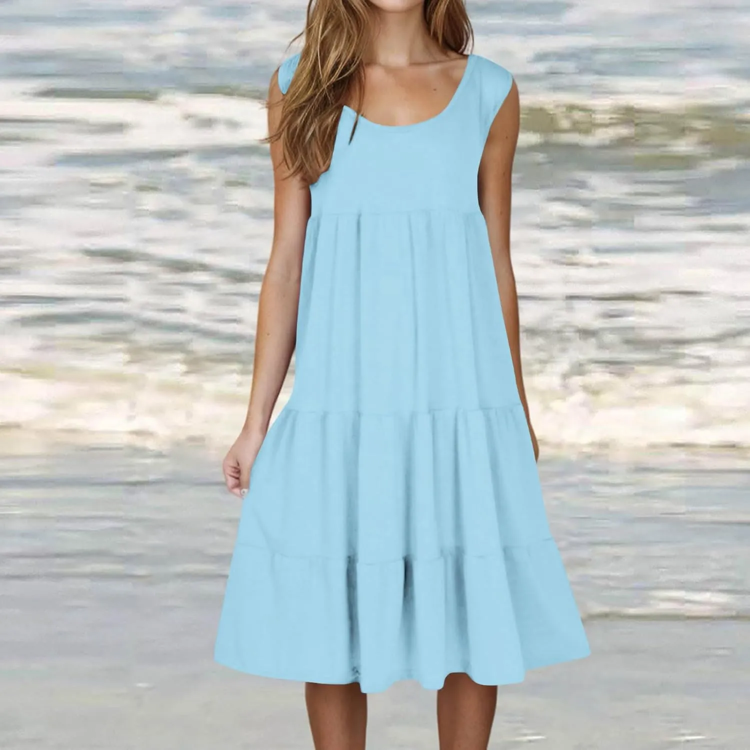 Women's Dresses Plus Size Sleeveless Crew Neck Peplum Mini Sundresses 2025 Summer Beach Coverup Dress for Teen Girls