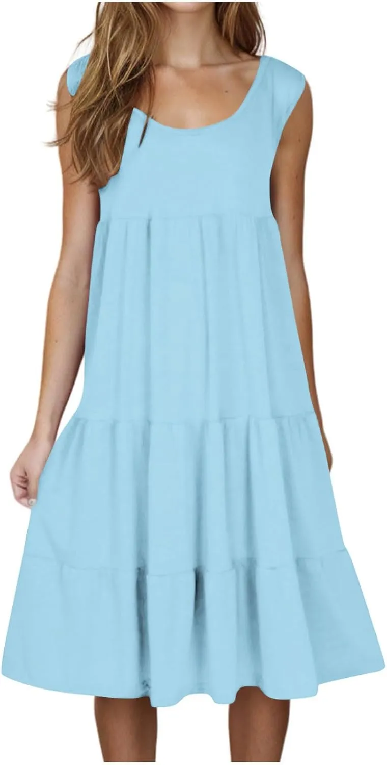 Women's Dresses Plus Size Sleeveless Crew Neck Peplum Mini Sundresses 2025 Summer Beach Coverup Dress for Teen Girls
