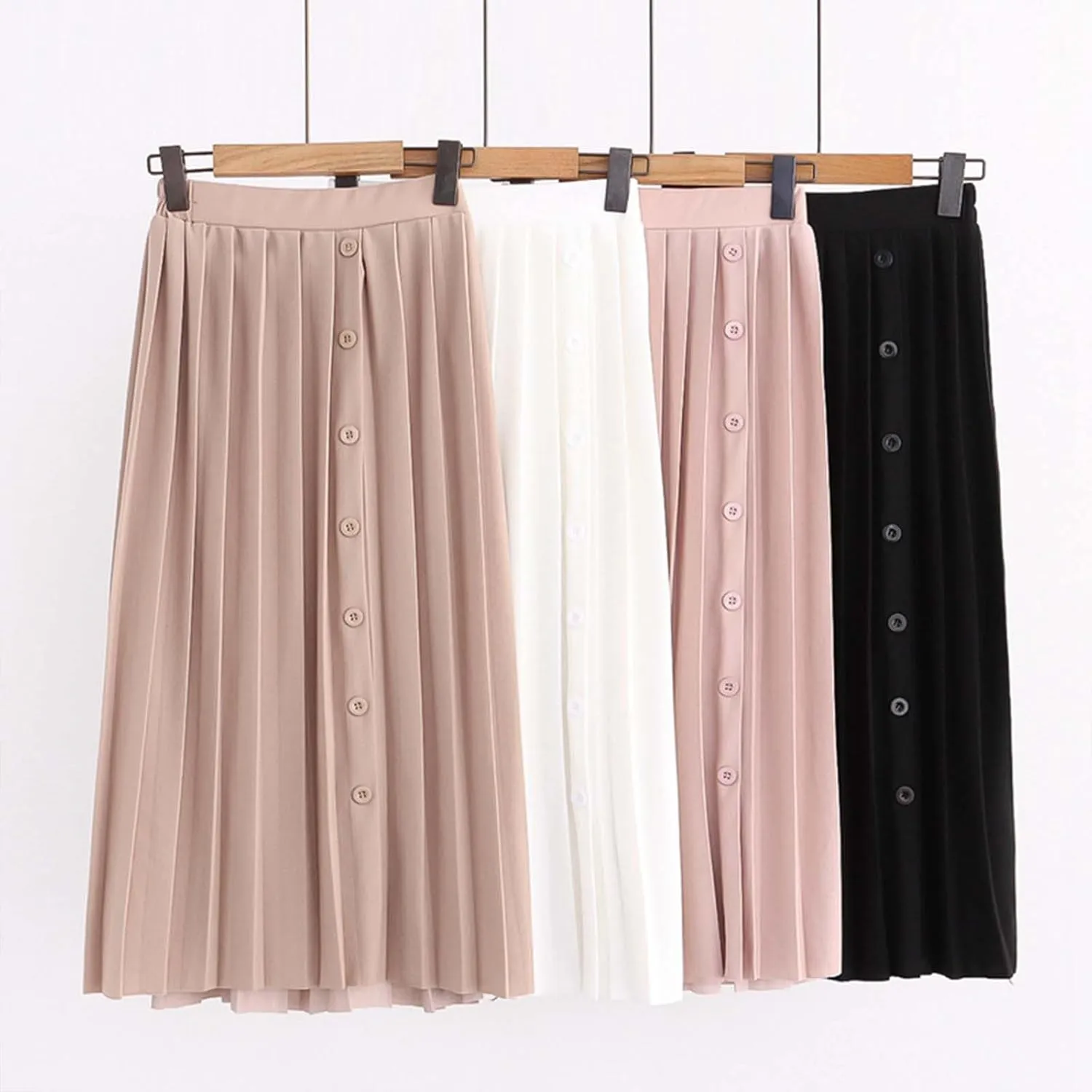 Women's Elastic Waist Solid Color Midi Pleated A Line Skirt with Flared Hem Girls Leather Skirt