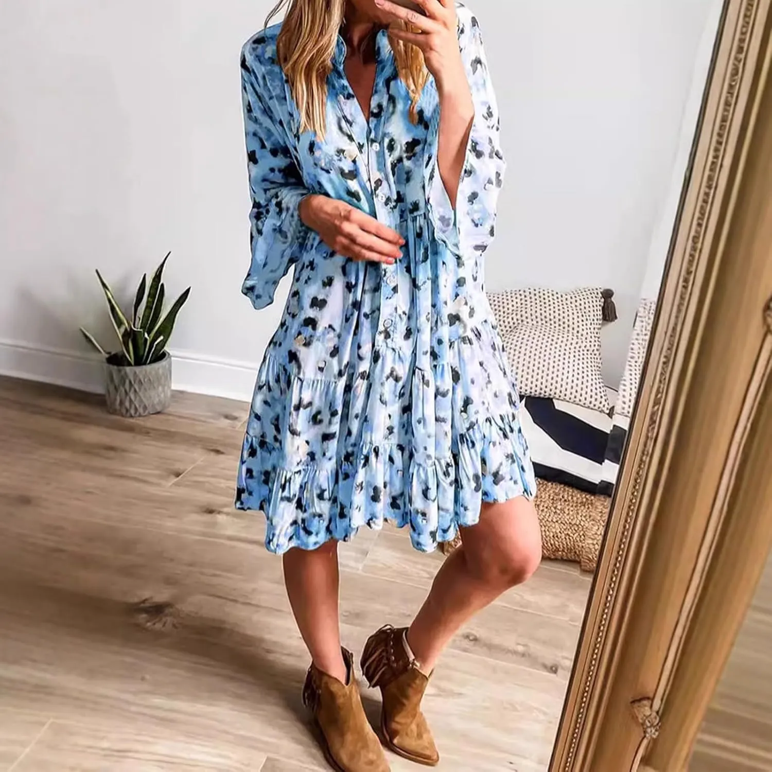 Women's Fashion Dress Boho Ruffle Tiered Flowy Half Sleeve Mini Dress Summer Trendy Going Out Vacation Outfits