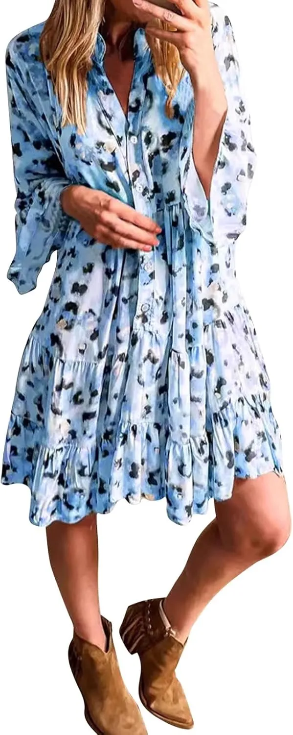 Women's Fashion Dress Boho Ruffle Tiered Flowy Half Sleeve Mini Dress Summer Trendy Going Out Vacation Outfits