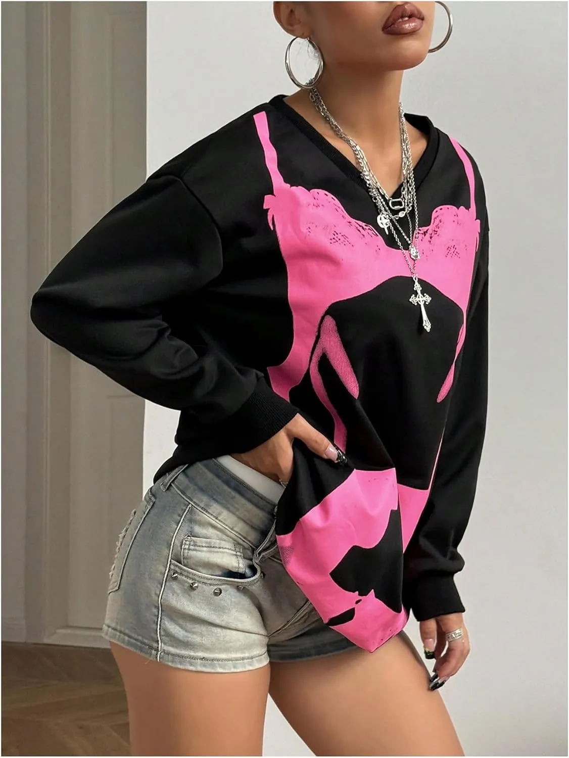 Women's Graphic Drop Shoulder Sweatshirt Crew Neck Long Sleeve Pullovers Top