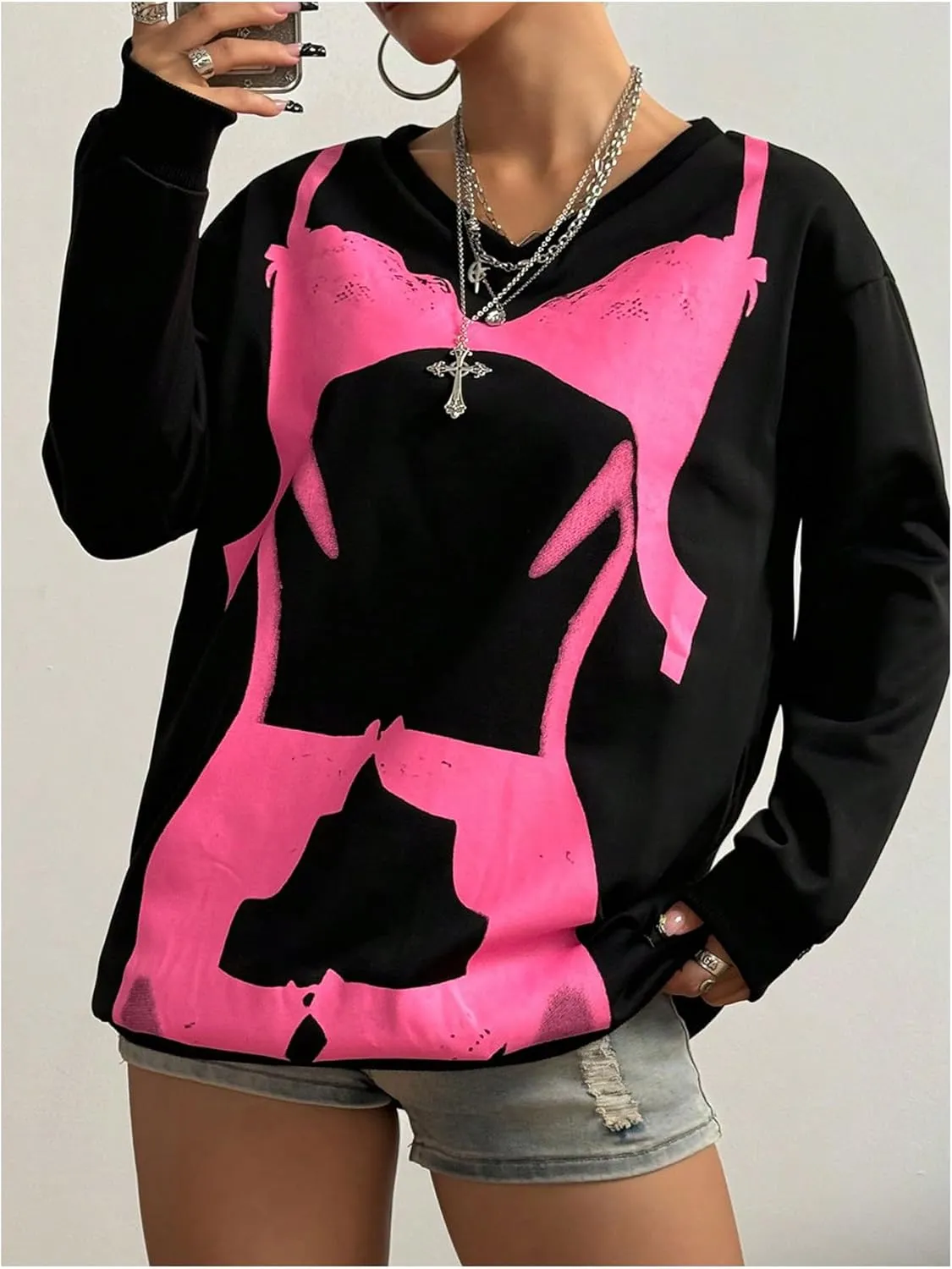 Women's Graphic Drop Shoulder Sweatshirt Crew Neck Long Sleeve Pullovers Top