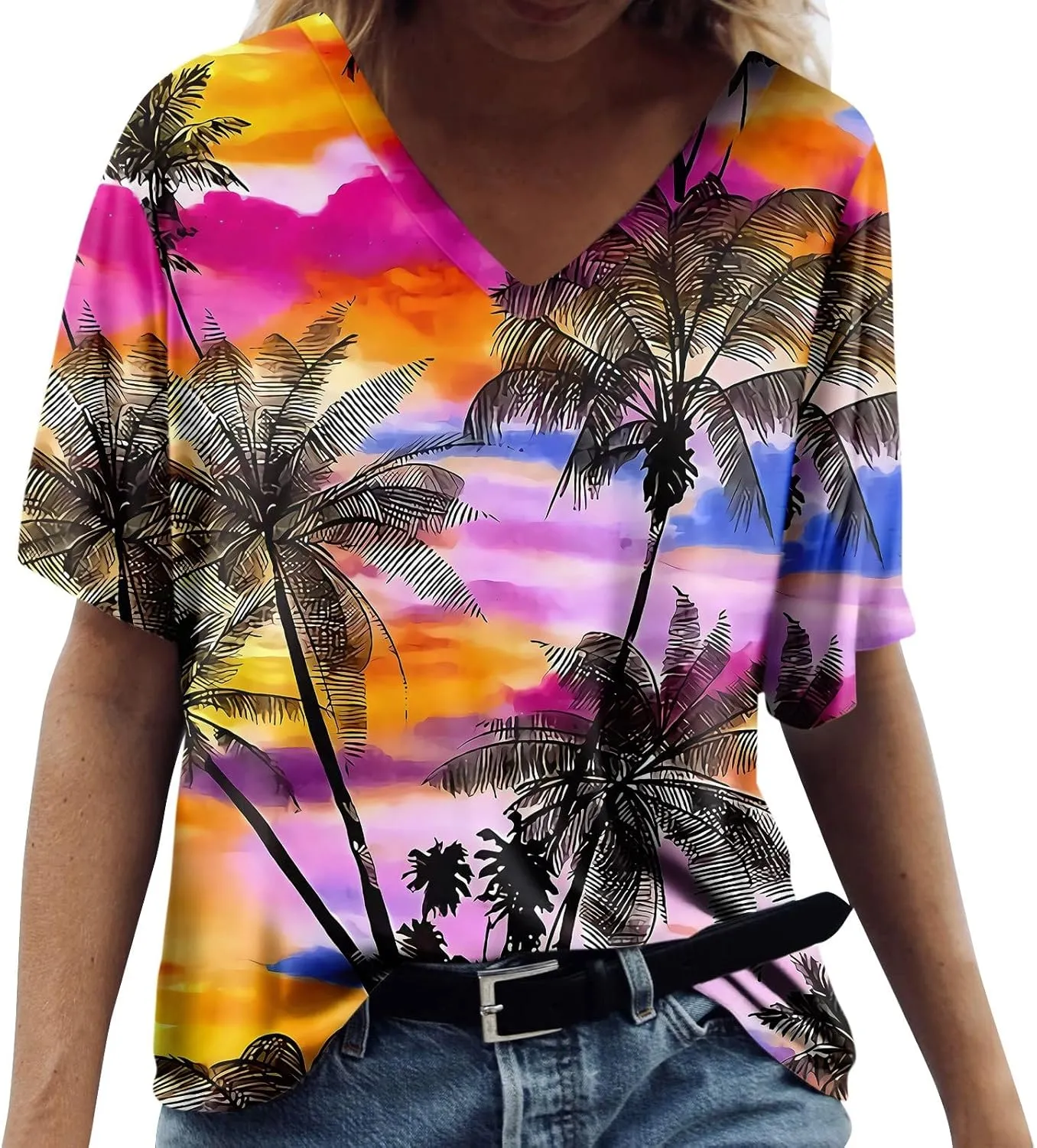 Womens Hawaiian Shirt Palm Trees Beach Graphic Tee Tops Summer Vacation Short Sleeve Tshirt Tops Casual V Neck