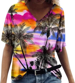 Womens Hawaiian Shirt Palm Trees Beach Graphic Tee Tops Summer Vacation Short Sleeve Tshirt Tops Casual V Neck