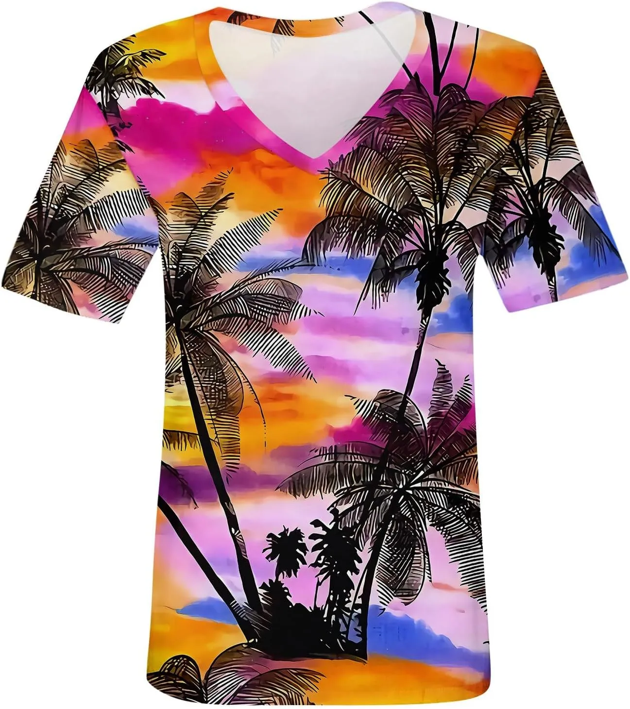 Womens Hawaiian Shirt Palm Trees Beach Graphic Tee Tops Summer Vacation Short Sleeve Tshirt Tops Casual V Neck