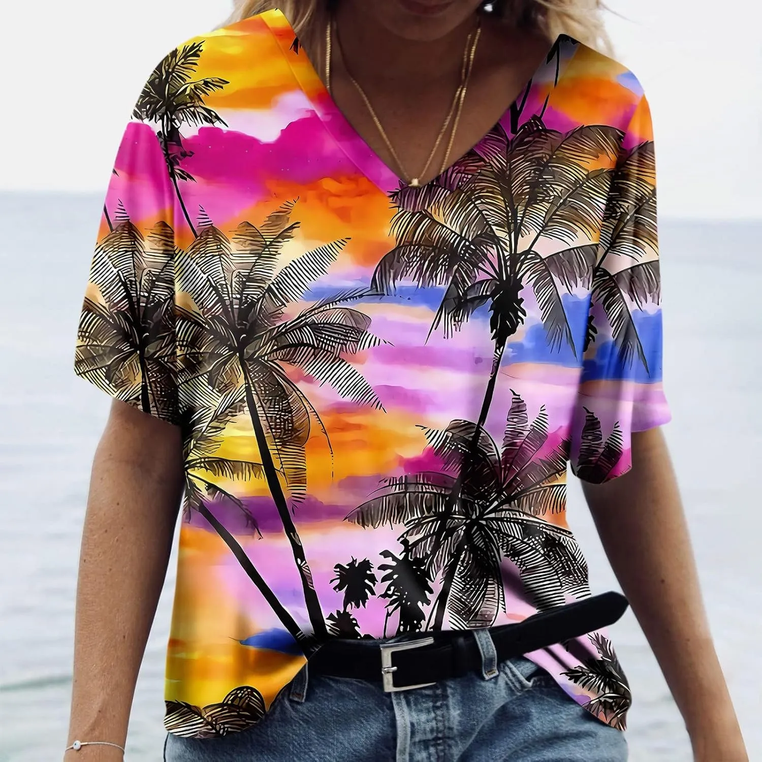 Womens Hawaiian Shirt Palm Trees Beach Graphic Tee Tops Summer Vacation Short Sleeve Tshirt Tops Casual V Neck