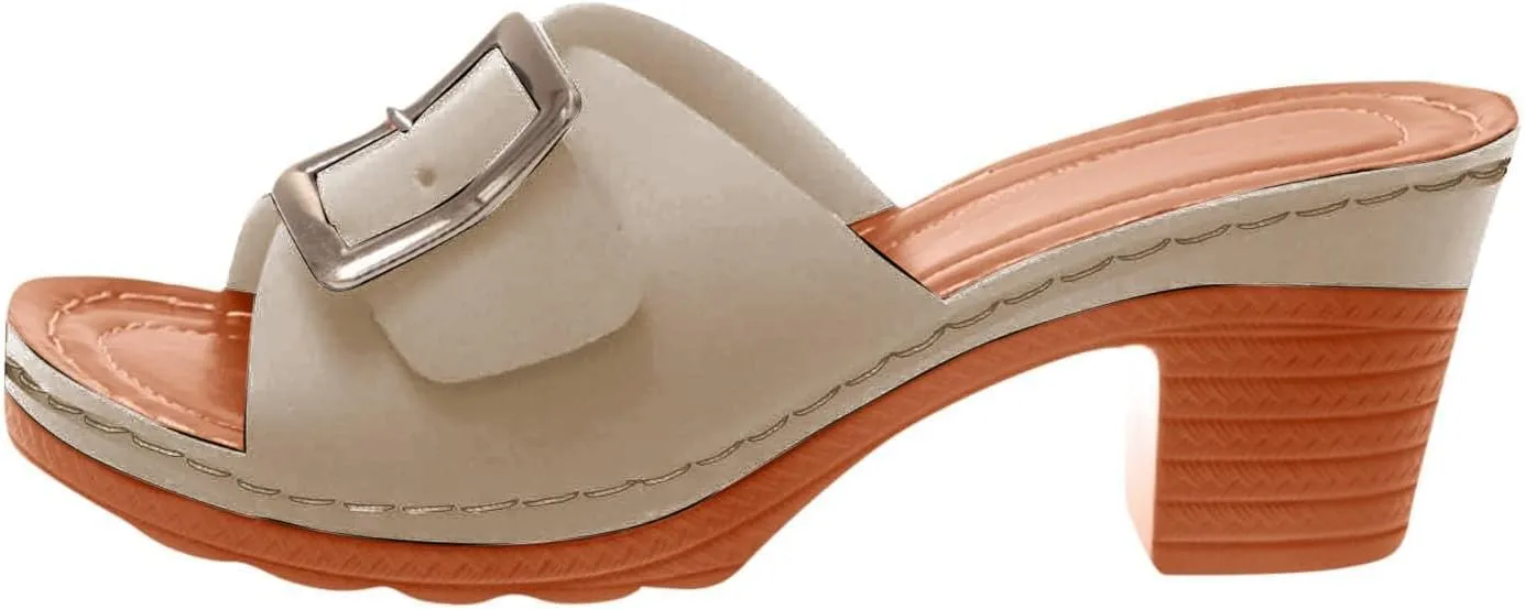 Womens Heels Block Open Toe Low Heel Chunky Mules Dress Shoes Summer Dressy Square Toe Slip on Sandals Comfortable Chunky Heel Wedges Sandals with Adjustable Buckle Elegant Lightweight Trendy Sandal