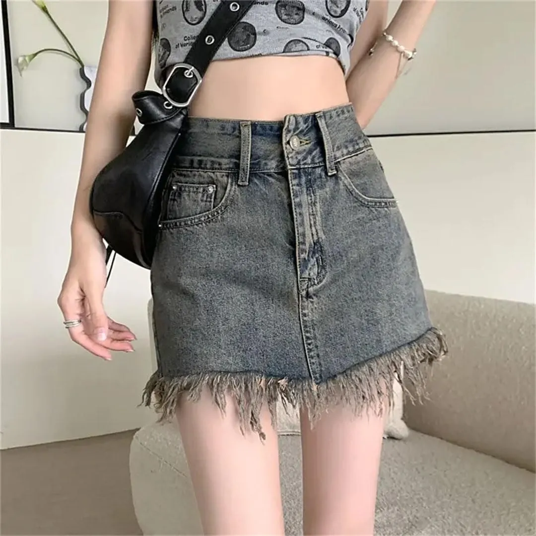 Women's High-Waisted Fringed Denim Skirt Vintage Short A- Line Bottoming for Casual Chic Style Skirt